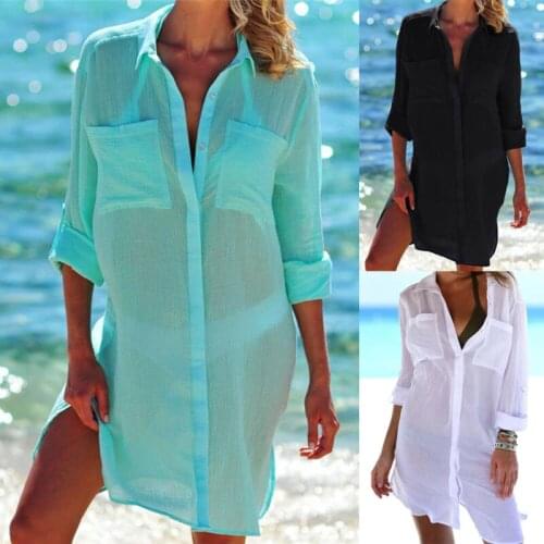 Womens Cotton Tunics Beach Cover-Ups Solid Long Sleeve Loose See Through Summer Holiday Swimwear Beachwear Saida de Praia