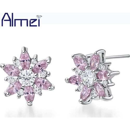 Earrings Stud Silver Color Women,Fashion Cute Crystal Flower Green/Pink/Purple/White Earring Zircon Brincos 2016 Hot Sale R793