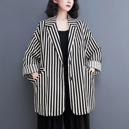 Women Cotton Linen Casual Blazer Jackets New Arrival 2021 Autumn Vintage Striped Loose Ladies Elegant Outerwear Coats B926