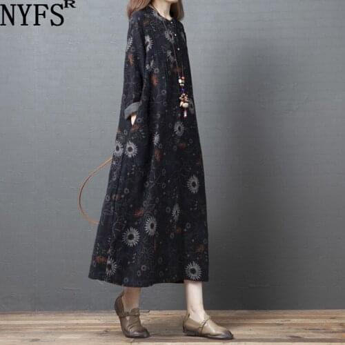 NYFS 2021 New Spring Autumn Woman Dress Loose Vintage Cotton Linen Floral Show Thin Vestido de mujer Robe Elbise womens dress