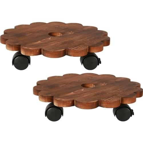 2 Pack 10 Inch Lockable Plant Caddy Wood Patio Potted Plant Stand Round Plant Roller with 360° Rotating Wheels