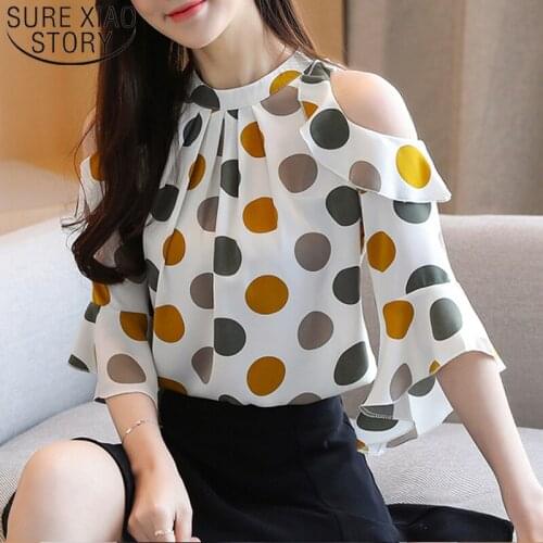 Korean Loose Polka Dot Slim Fit Women Tops Stand Collar Off-Shoulder Short Sleeve Elegant Chiffon Blouse Chemisier Femme 8983 50