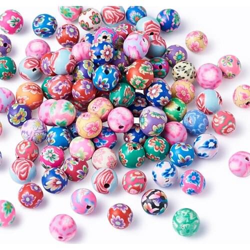 200Pcs 8mm 10mm 12mm Handmade Polymer Clay Beads Flower Pattern Printing Round Loose Beads Mix Colors for Jewelry Making