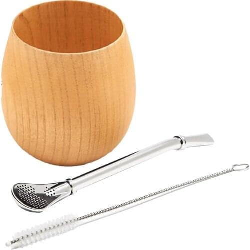 Wooden Yerba Gourd Mate Tea Set Handmade Natural Wood Coffee Water Mate Cup with Spoon Straw Bombilla Brush 200ML