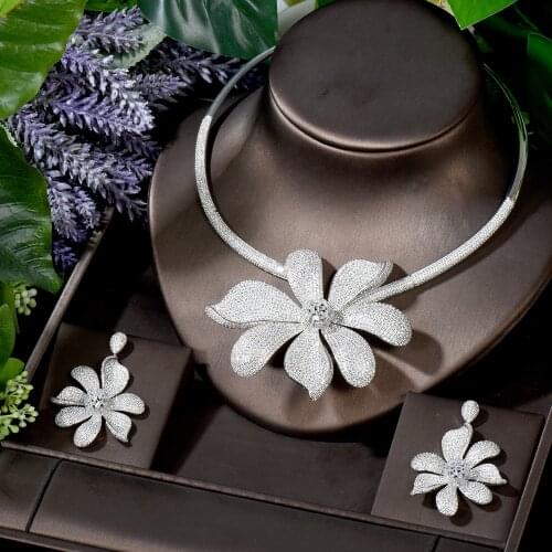 HIBRIDE Big Charm Flower Women Ladies Jewelry Set White Gold Color Earring Necklace Set Full Cubic Zirconia Earrings N-1696