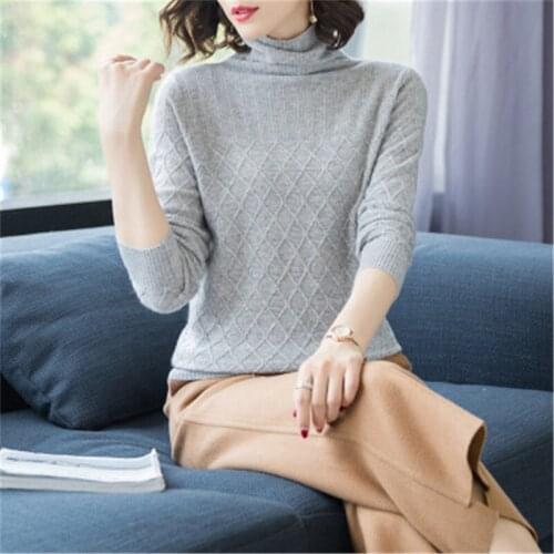 Korean style pure goat cashmere solid knit women cross grain turtleneck slim short pullover sweater light grey 4color M-XL