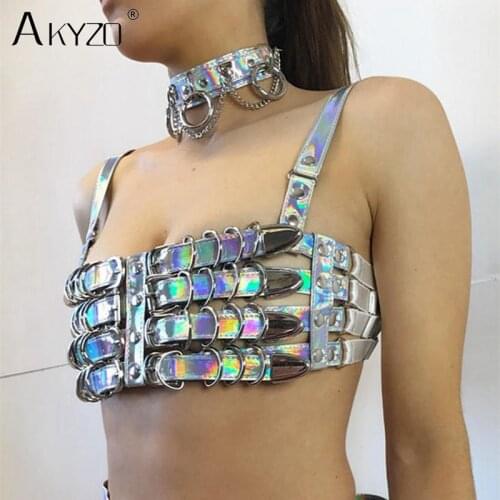 AKYZO Sexy Laser Leather Bondage Collar Choker Necklace With Adjustable Large Size Metal Chain Patchwork Punk Chokers Necklace