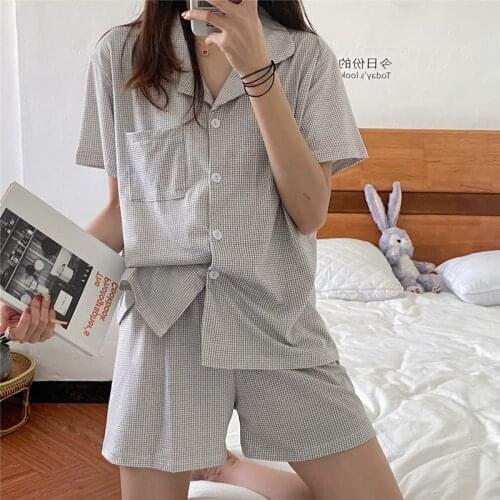 Summer Grid Girl Pijamas Women Short Sleeve Leisure Pijama for Womens Nightwear Homewear Suit Two-piece Sleepwear Nighty Wear