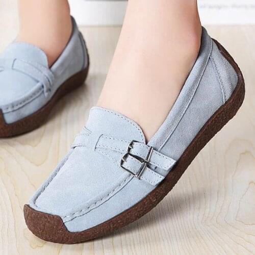 LIHUAMAO Cow suede leather loafers for women flats slip on square toe ladies casual shoes comfortable skid resistance sneaker