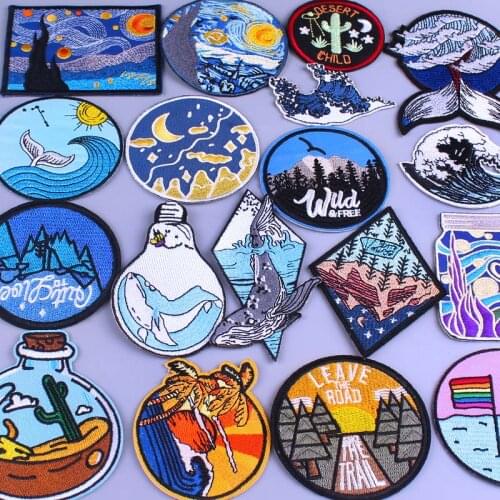 DIY Adventure Mountain Explorer Patches Outdoor Embroidery Patches For Clothing Iron On Patches For Clothes Wave Stripe Van Gogh