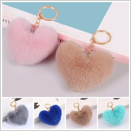 New Lovely Cute Heart Keychains Fake Rabbit Fur Heart Pompom Key Chain Women Girl Bag Cars Simple Fluffy Keyring Jewelry Gifts
