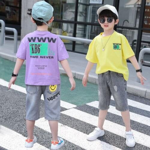 4-14T Boys Summer Clothing Set Fashion Letters Printed O-Neck Short Sleeve T-shirt & Jeans Two Pieces Suits High Quality