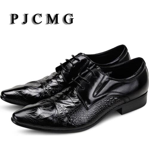 PJCMG New Breathable Black/Brown/Red Loafers Dress Genuine Leather Crocodile Style Lace-Up Pointed Toe Wedding Business Shoes