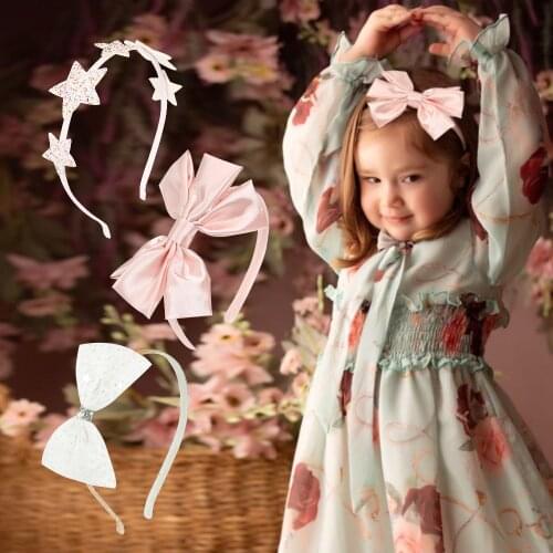 1 PC Glitteri Pink Star Mesh Bowknot Hard Hairband Korean Style Headdress Satin Bow Princess Gilrs Fashion Hair Accessories Kid