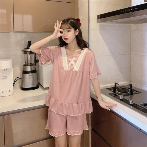 Court Style Lace Edge short sleeve shorts suit pajamas womens summer 2 piece suit thin Ruffle home clothes home Nightgowns