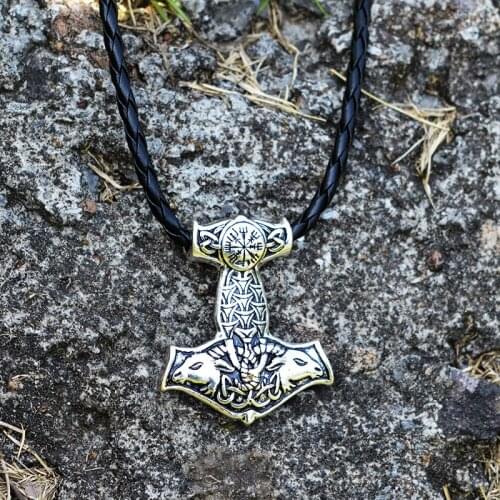 Vintage Gold SilverColor Myth Viking Mjolnir Amulet Totem Thor hammer Pendant Collar Choker Necklace Chain For Men Jewelry Gift