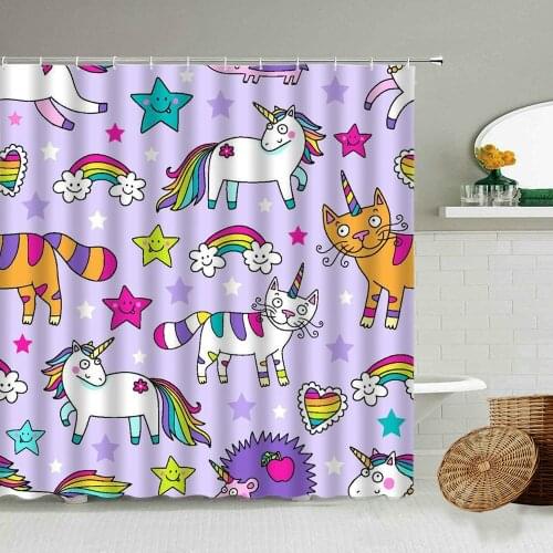 Cartoon Colorful Fun Magic Unicorn Animal Shower Curtain Rainbow Flower Love Stars Child Bathroom Accessories Waterproof Screen