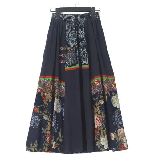 Spring And Summer New Womens Ethnic Style Stitching Big Swing Skirt Elastic Waist Cotton And Linen Printed Ladies Skirt