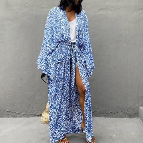 Sexy Long Robe Strapless Skin-friendly Blue Vintage Oversize Leopard Pattern Cardigan Women Beach Wear Swim Suit Cover Up Dress