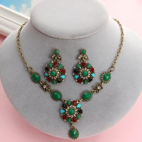 Bohemia Gem Flower Jewelry Sets Women Luxury Gold Color Choker Necklace Earrings Set Collar Statement Necklace Earring Sets