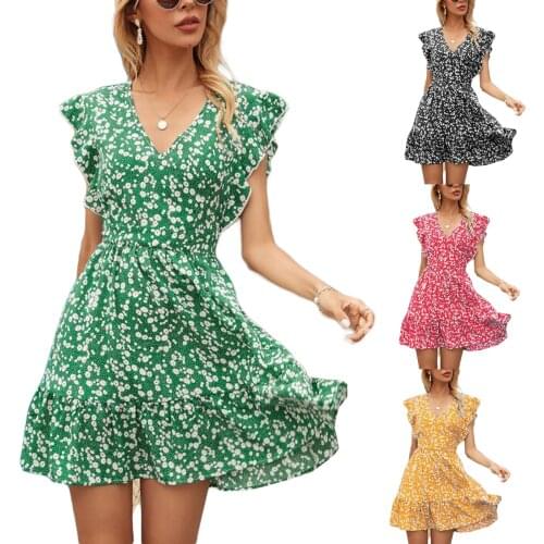 Women Summer Shorts Dress Floral Print V-neck Ruffle Sleeve Dresses Casual Beach Sundress Elegant Ladies Dresses