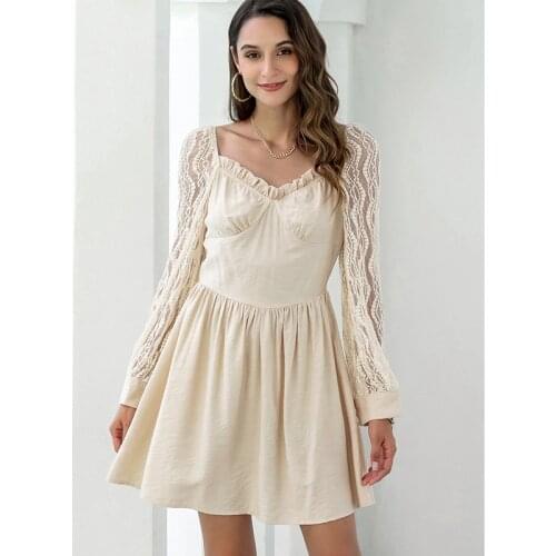 Women Long Sleeve Dress with Lace Stitching Ruffle Decoration High Waist Version Summer Clothing