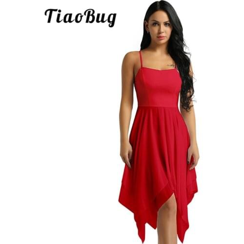 TiaoBug Women Spaghetti Straps Chiffon Asymmetrical Dance Dress Adult Modern Ballroom Stage Contemporary Lyrical Dance Costumes