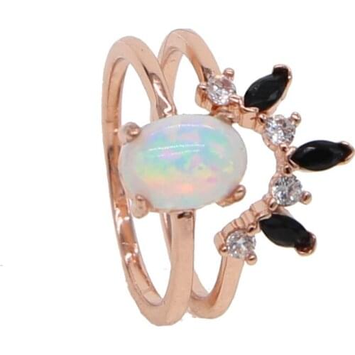 2PC ring set fire opal crystal cz ring delicate rose gold women wedding gift factory elegant egg shape charm ring dleicate tiny