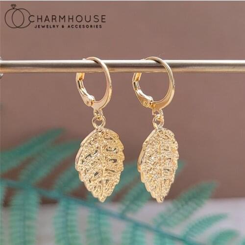 24K Gold GP Earrings For Women Exquisite Leaf Drop Earing Hoop Brincos Femme Pendientes Mujer Wedding Jewelry Accesories Bijoux