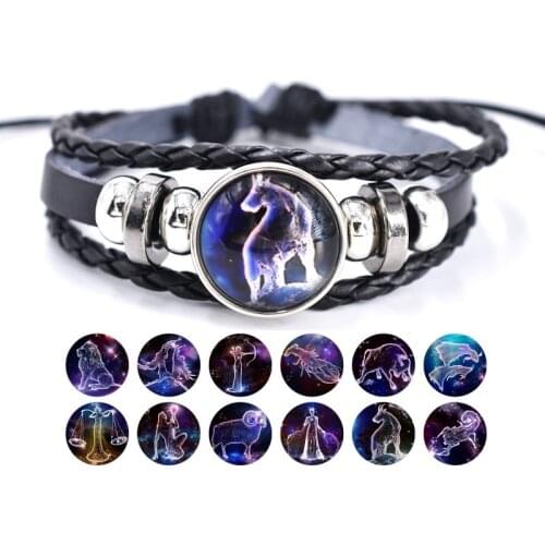12 Constellation Black Woven Leather Bracelet Cancer Virgo Libra Woven Glass Dome Jewelry Punk Mens Bracelet Romantic