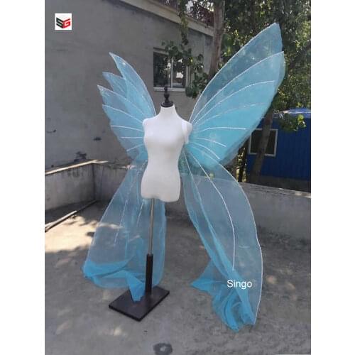 Beatiful Thin Gauze Transparent Large Blue Angel Wings for Catwalk Magazine shooting Lady Personal photos Party Deco
