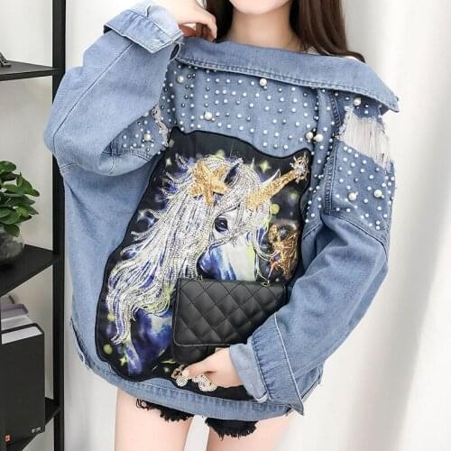 Fashion Vintage Blue Women Basic Denim Jacket Beading 2019 Autumn Long Sleeve Casual Jeans Coats Loose Female Top Outwear M160