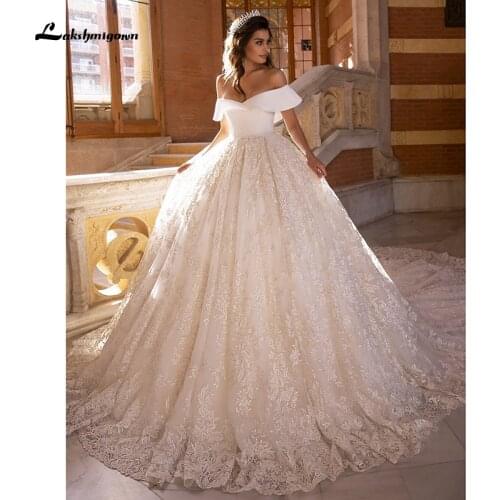 Laksgmigown Off the Shoulder A-line Wedding Dress Ivory Satin Wedding Gowns Elegant Lace Appliques Bride Dress Abito Da Sposa