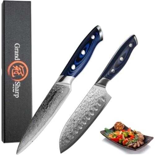 Damascus Kitchen Knife Set 2 Pcs Damascus Stainless Steel VG10 Japanese Santoku Utility Knife Kitchen Tools Gift Box GRANDSHARP