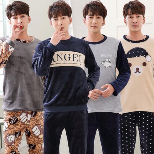 2020 Winter Long Sleeve Thick Warm Flannel Pajama Sets for Men Coral Velvet Cute Cartoon Sleepwear Suit Pyjamas Homewear Clothes