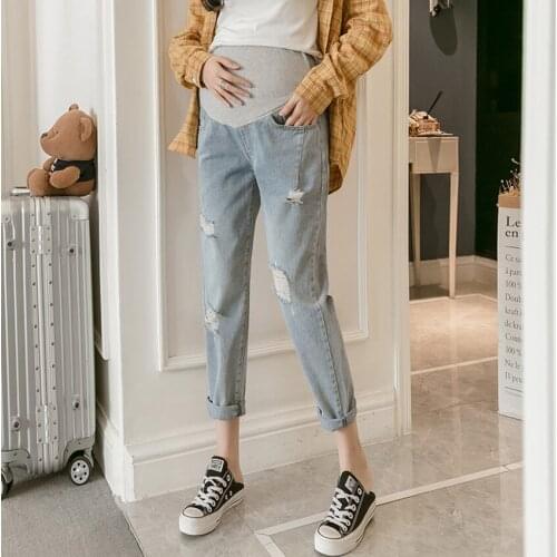 Cropped denim pants for pregnant women with holes in spring and autumn loose jeans for pregnant women Maternity clothes