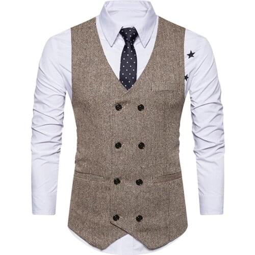 Vintage Men Sleeveless Double-breast Herringbone Twill Waistcoat Business Vest