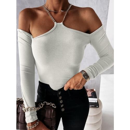 Tossy Metal Chain Off Shoulder Long Sleeve Bodycon Halter Top Women Black Sexy Autumn Winter White Vintage Y2k Casual T Shirts