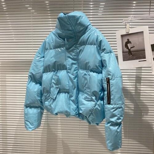 2021 winter new jacket fashion casual zipper sleeve color bright patent leather stand-up collar cotton cotton women