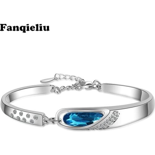 Fanqieliu Extend Chain 925 Sterling Silver 5A Zircon Blue Crystal Bangles Charm Bracelets For Women New Bracelet FQL20215