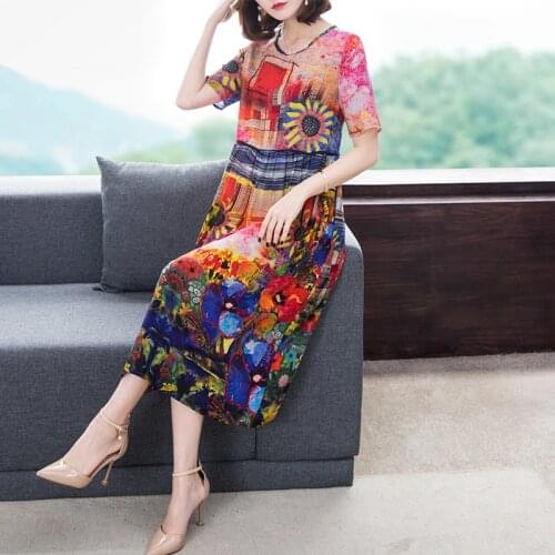 New 2019 Spring Summer Dress Womens Loose Printed Imitate Real Silk Dresses Elegant Round Neck Short Sleeve Dresses