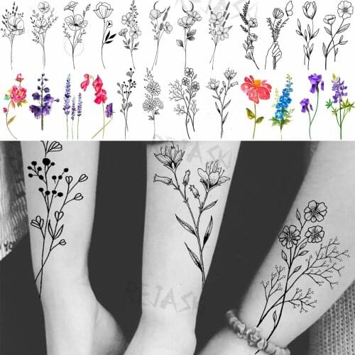 Black Small Poppy Bouquet Temporary Tattoos For Women Adult Lavender Peony Realistic Fake Tattoo Wrist Body Art Washable Tatoos