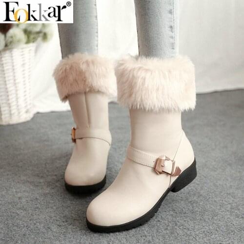 Eokkar 2020 Women Winter Boots Mid Calf Boots Warm Inside Low Heel Round Toe Elegant Ladies Women Shoes Boots Size 34-43