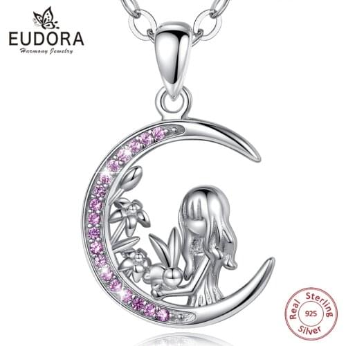 Eudora Real 925 Sterling Silver Bunny and Girl Flowers Neckalce Moon Pink CZ Pendant FIna Jewelry Bunny Gift for little Girls