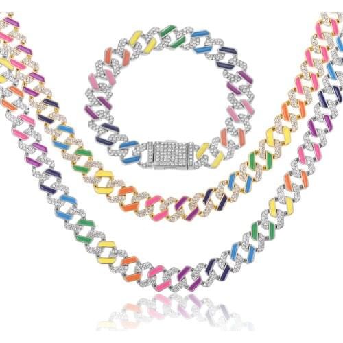 New Hip Hop Iced Out Miami Zircon 12 MM Cuban woman Full Pave Rhinestone Necklace Multicolor Necklaces For Men Jewelr Gift