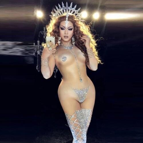 2019 New Hot sale Sexy Women Body con Rhinestone Club wear Halloween Party Evening Clothes Show Dance Costumes Jumpsuit Romper
