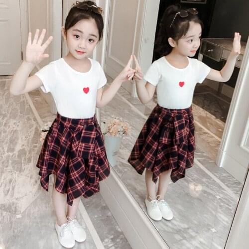 Summer Teen Kids Clothes Set for Girl Heart Pattern Tshirt+Plaid Skirt Suit for Girls Kids Outfits Teenage Clothing Sportswear