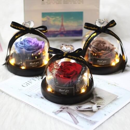 Beauty And The Beast Preserved Valentines Exclusive In Glass Dome With Lights Eternal Real Rose FLOWER Christmas Day Gift