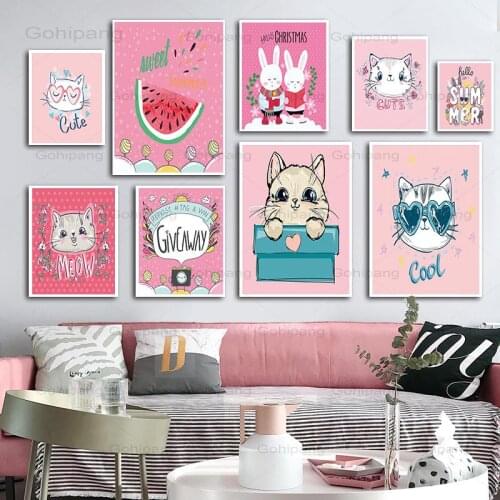 Pink Rabbit Cat Canvas Poster Children Baby Room Decor Kids Room Nursery Wall Art Canvas Painting Prints Girl Bedroom Pictures