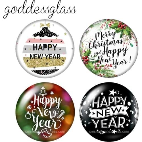 Happy New Year& Merry Christmas Words 10pcs 12mm/18mm/20mm/25mm Round photo glass cabochon demo flat back Making findings